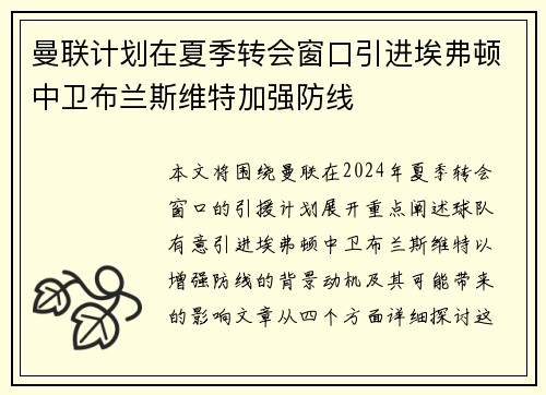 曼联计划在夏季转会窗口引进埃弗顿中卫布兰斯维特加强防线
