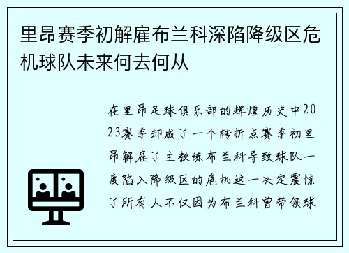里昂赛季初解雇布兰科深陷降级区危机球队未来何去何从