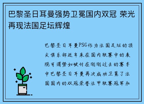 巴黎圣日耳曼强势卫冕国内双冠 荣光再现法国足坛辉煌 巴黎圣日耳曼强势卫冕国内双冠 荣光再现法国足坛辉煌